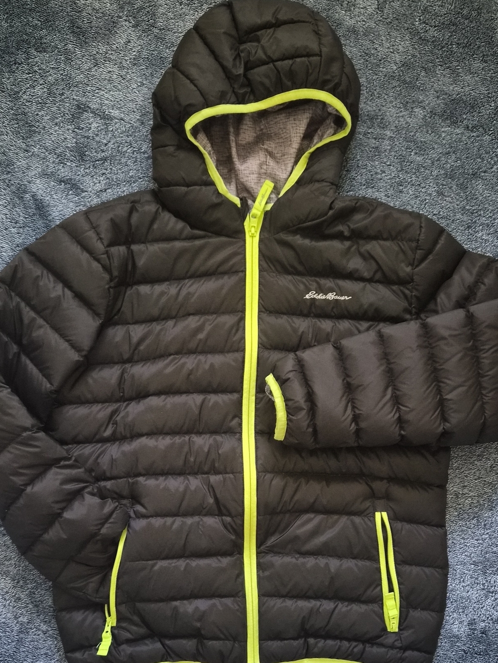 Eddie Bauer Kid's Black Hooded Puffer Jacket with Lime Accent